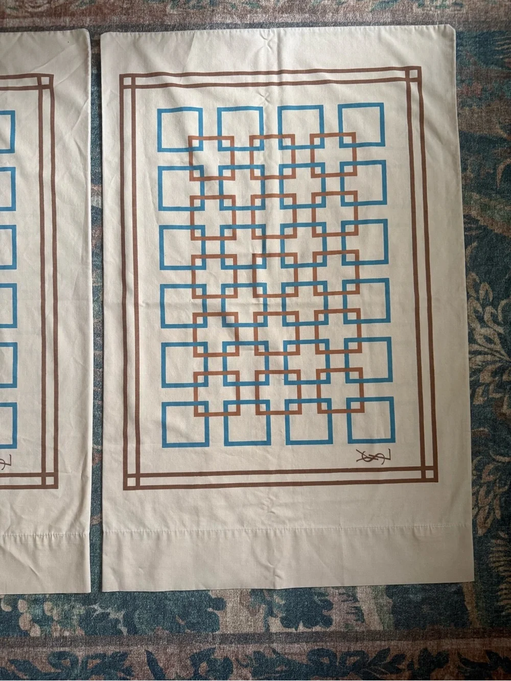 Vintage 1970sYves Saint Laurent pillow cases with Blue and Brown Geometric Print